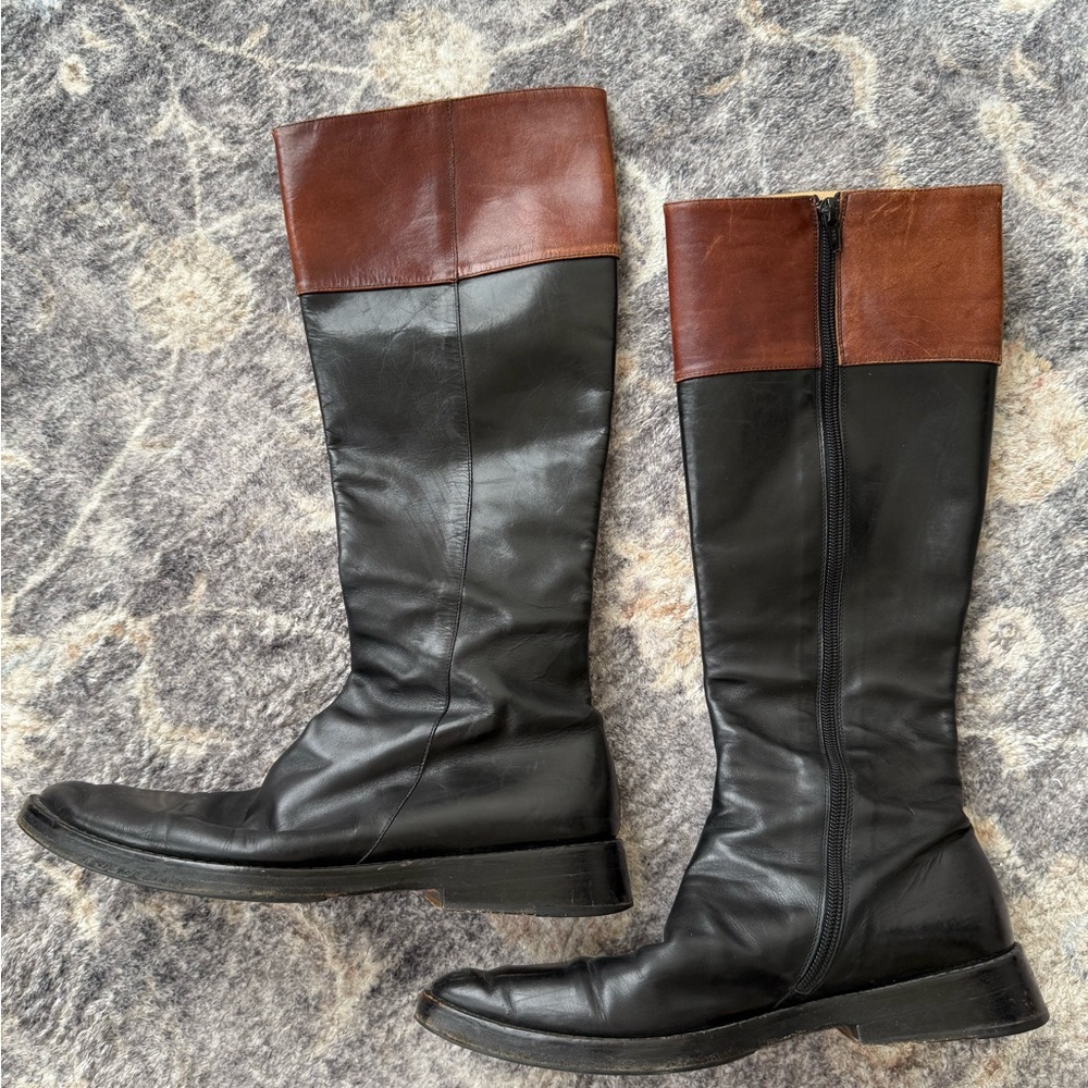 Vintage Ann Demeulemeester Black Tan Leather Riding Boots 8.5 Made in Italy